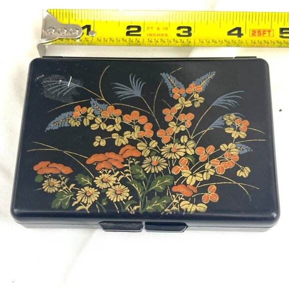 Vintage Black Lacquered Floral Compact Hong Kong With Mirror For Jewelry Trinket - Picture 9 of 9